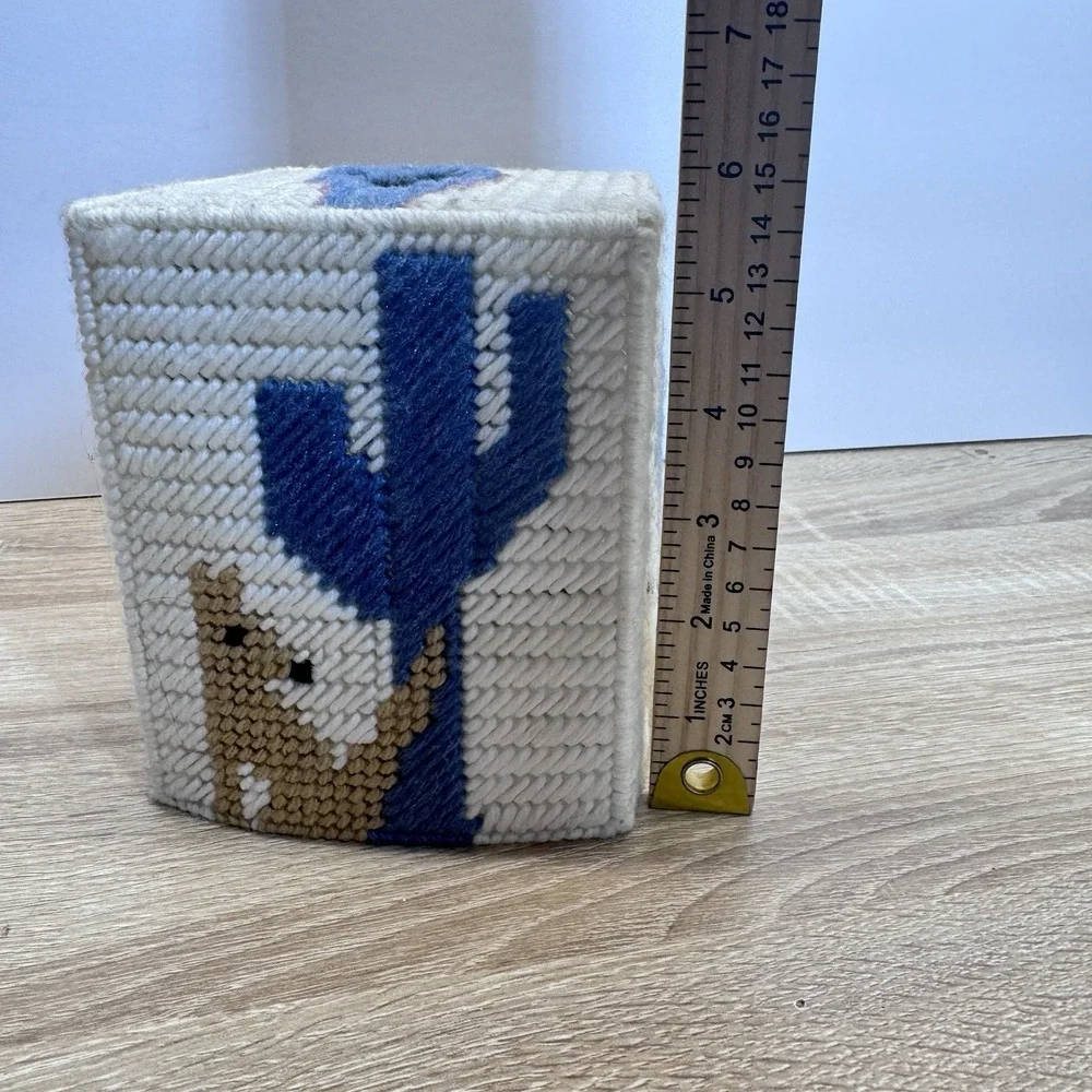 Vintage Cross Stitch Tissue Box Cover Square Vertical Coyote & Saguaro Southwest